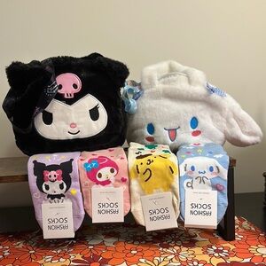 Kuromi and Cinnamon Roll Plush Bags and Socks Set - Bundle 6 pieces